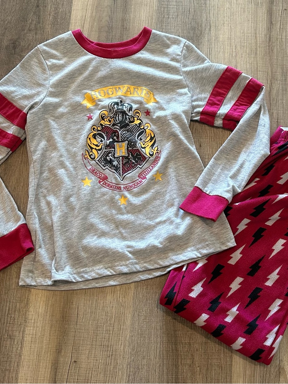 Kids Gray and Dark Pink Hogwarts-Style Pajama Set